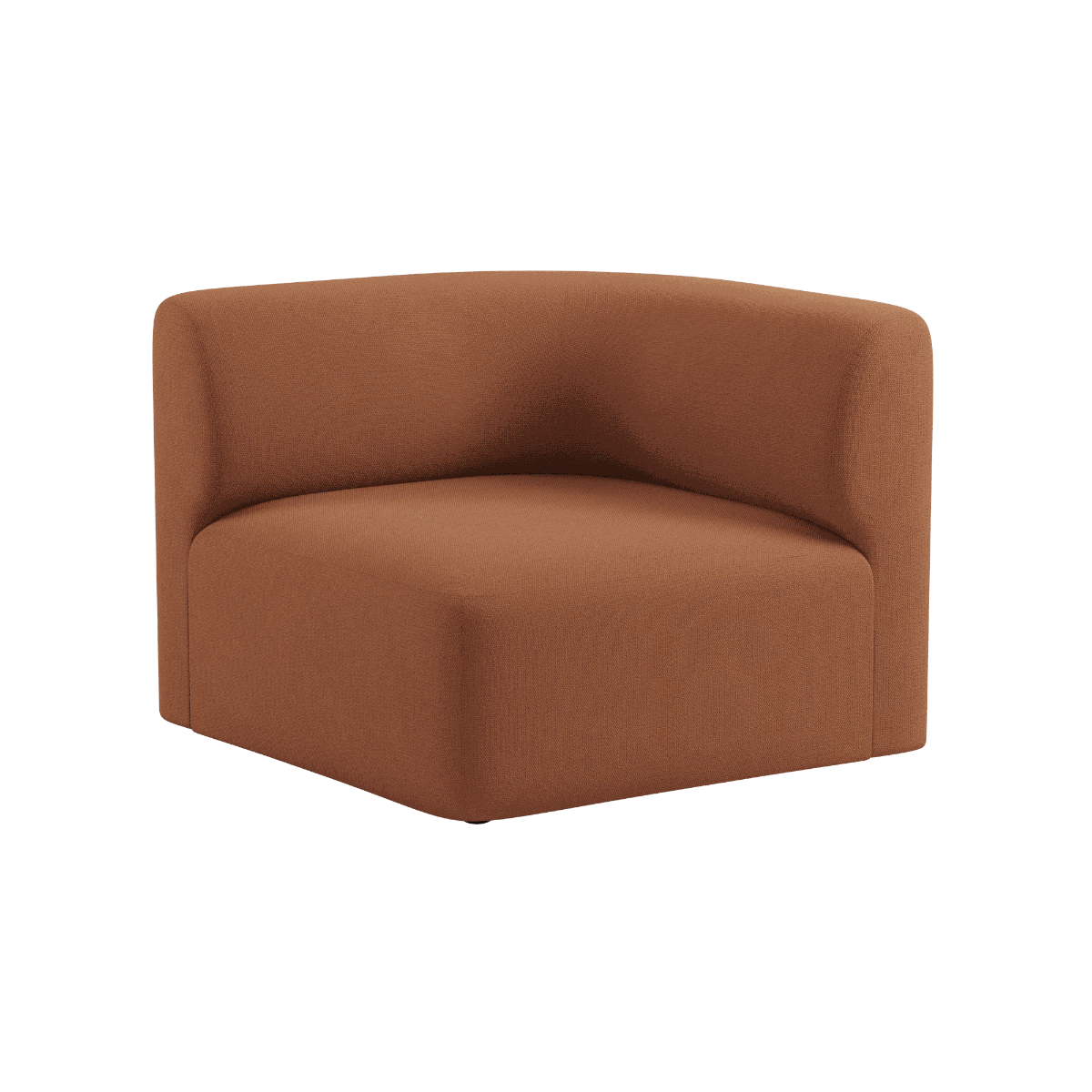 Bruine gestoffeerde hoekmodule van sackit met afgeronde rugleuning en royaal zitvlak voor een comfortabele Scandinavische zithoek binnenshuis
