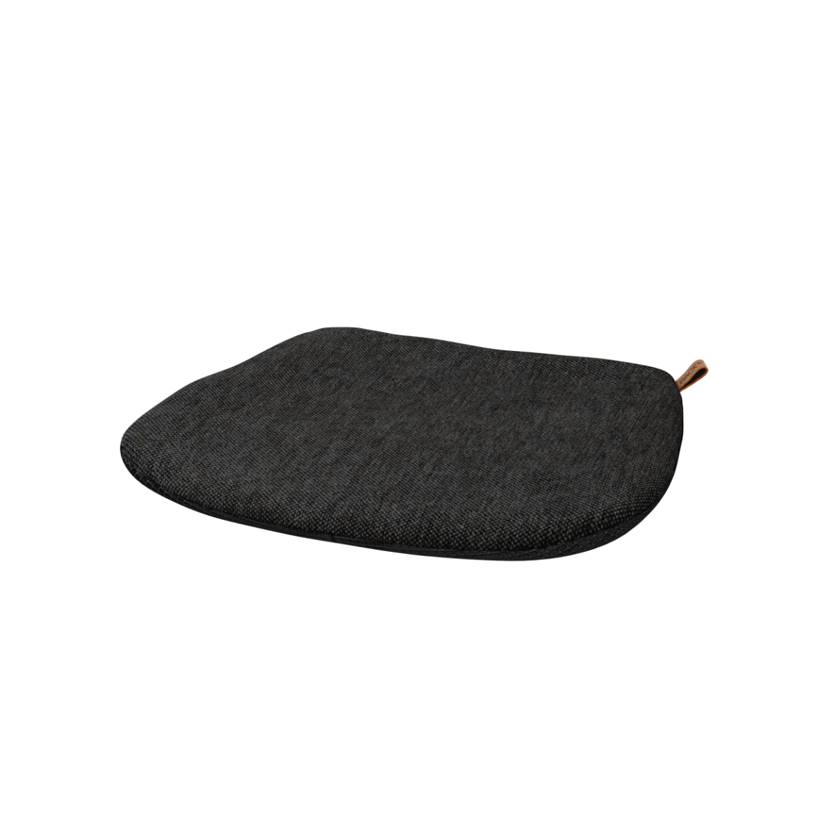 Donkergrijs buitenzitkussen van sackit met afgeronde vorm en handig leren lusje voor comfortabel zitten op een tuinstoel