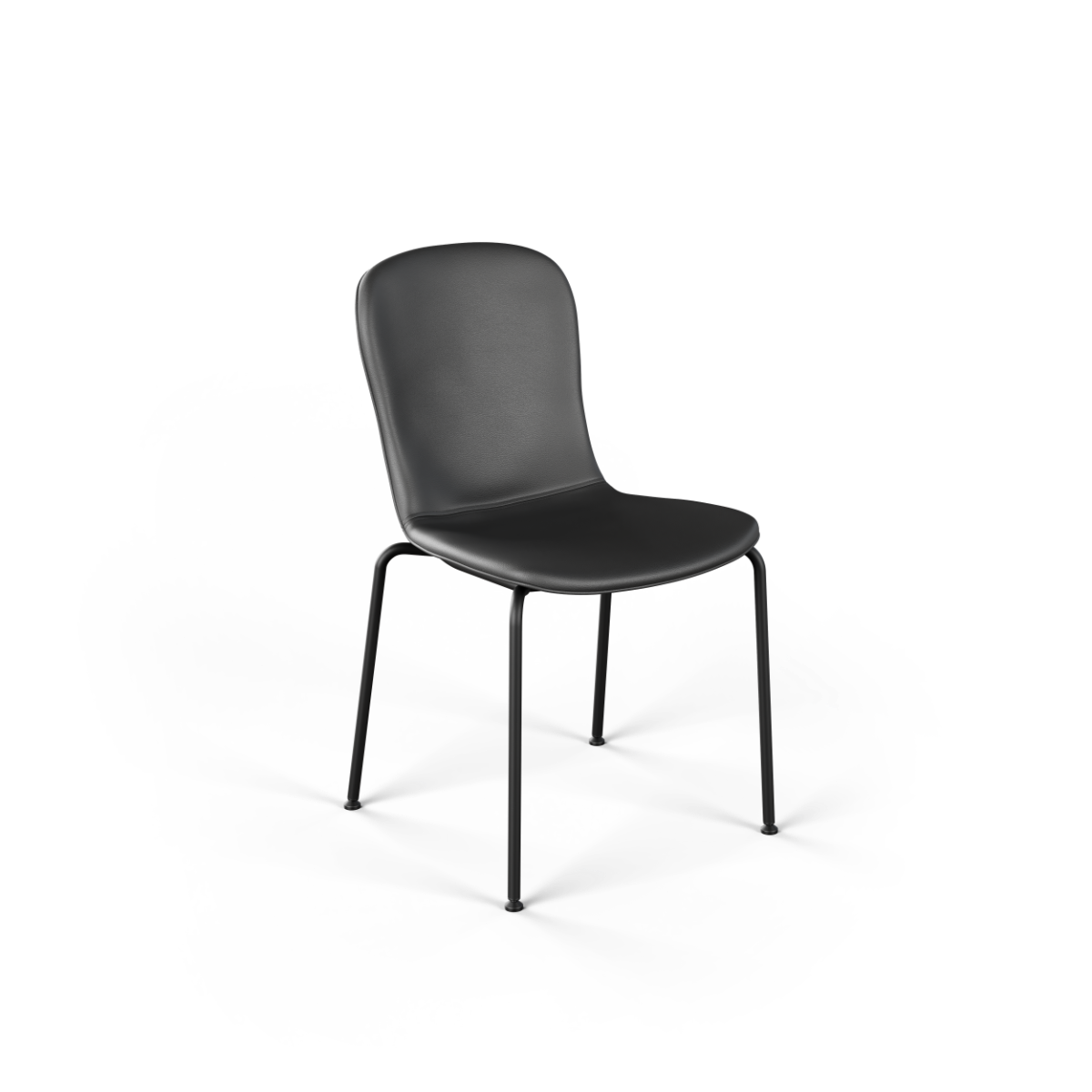 Zwarte eetkamerstoel van sackit met een gevormde comfortabele zitting en slanke metalen poten op een decoratief vloerkleed in Scandinavische stijl