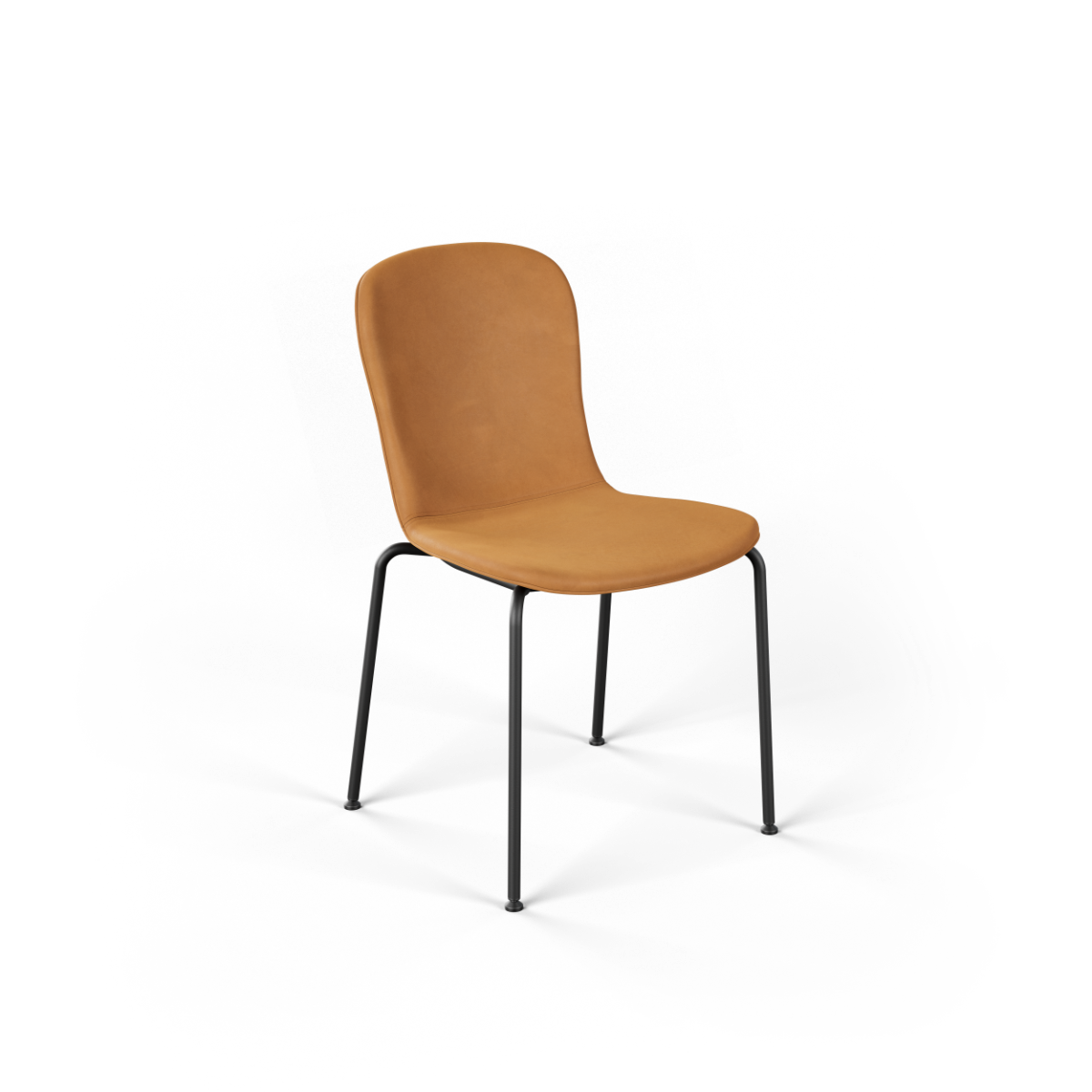 sackit Chair no. One S1 eetkamerstoel met cognackleurige leren zitting en gebogen rugleuning op een slank zwart metalen onderstel
