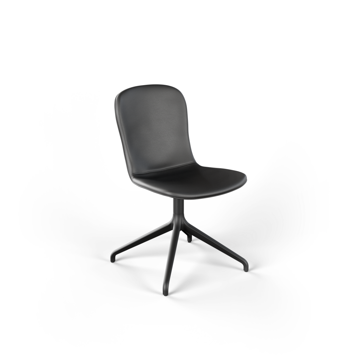 Zwarte draaibare eetkamerstoel van sackit met gevormde zitting en elegante stervoet voor een modern Scandinavisch interieur