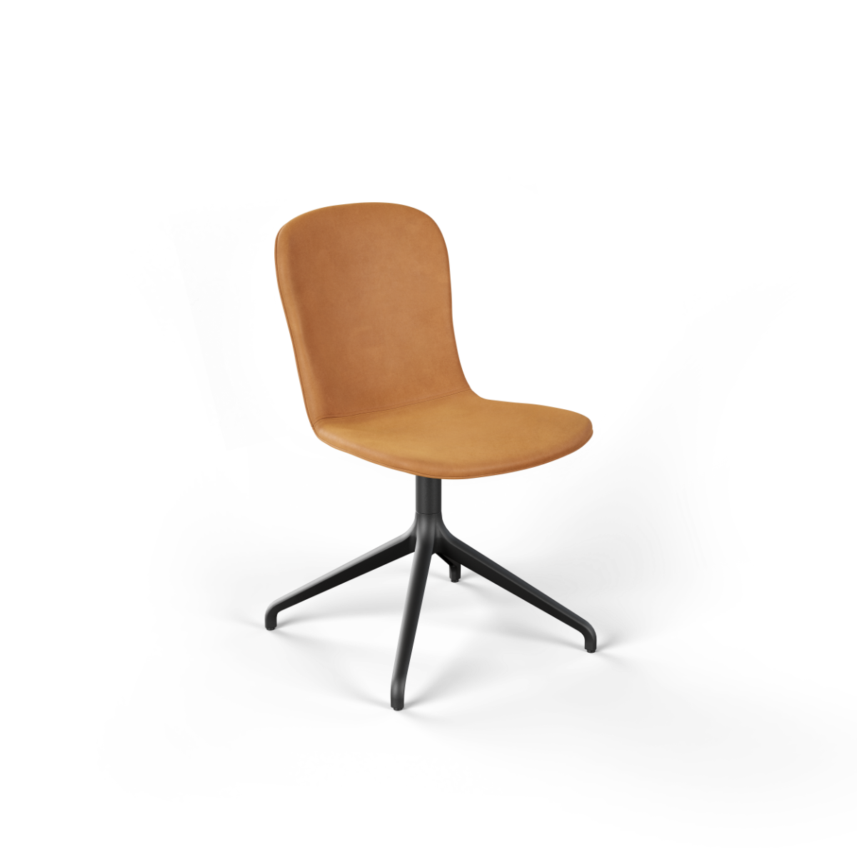 Bruine eetkamerstoel met afgeronde zitting en zwarte draaivoet van sackit voor een modern Scandinavisch interieur en dagelijks comfort