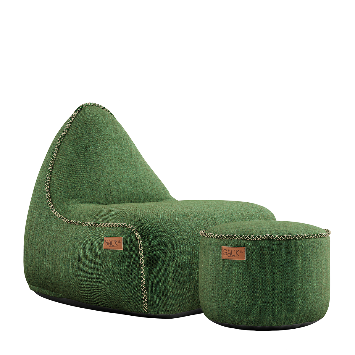Groene Cobana lounge zitzakstoel met bijpassende ronde poef van sackit voor binnen en buiten met weerbestendige bekleding en comfortabele zitvorm