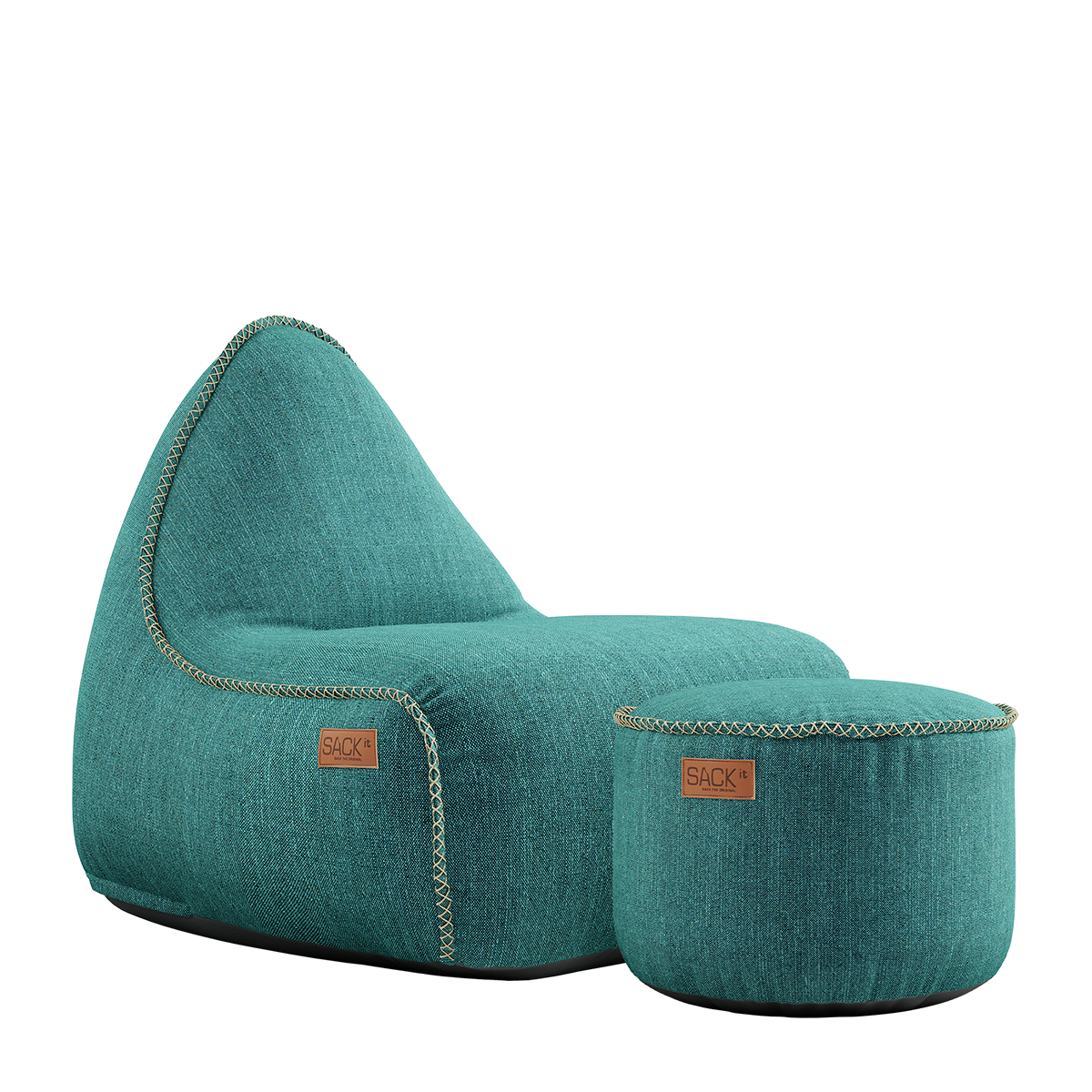 Turquoise Cobana lounge stoel met bijpassende ronde poef van sackit voor binnen en buiten weerbestendig ontwerp met decoratieve stiksels