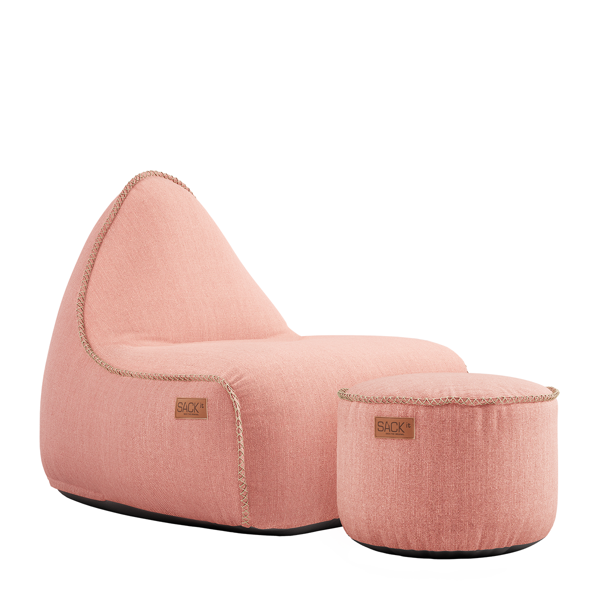 Roze sackit lounge stoel met bijpassende ronde poef van weerbestendig textiel voor ontspannen zitten binnen en buiten