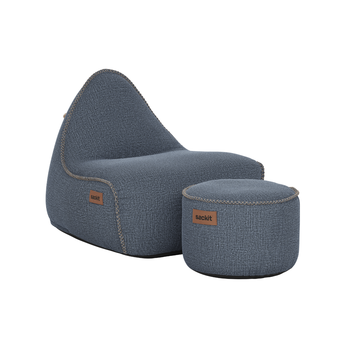 Blauwe Cobana lounge stoel met bijpassende poef van sackit voor binnen en buiten met stevige geweven bekleding en contrasterende stiknaden