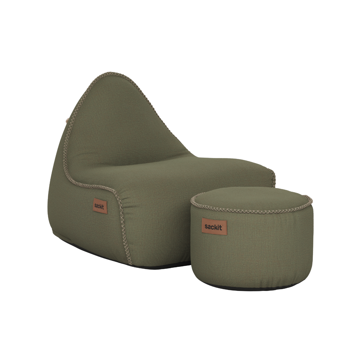 Olijfgroene outdoor zitzakstoel met bijpassende poef van sackit voor comfortabel loungen in de tuin of op het terras bestand tegen weer en wind