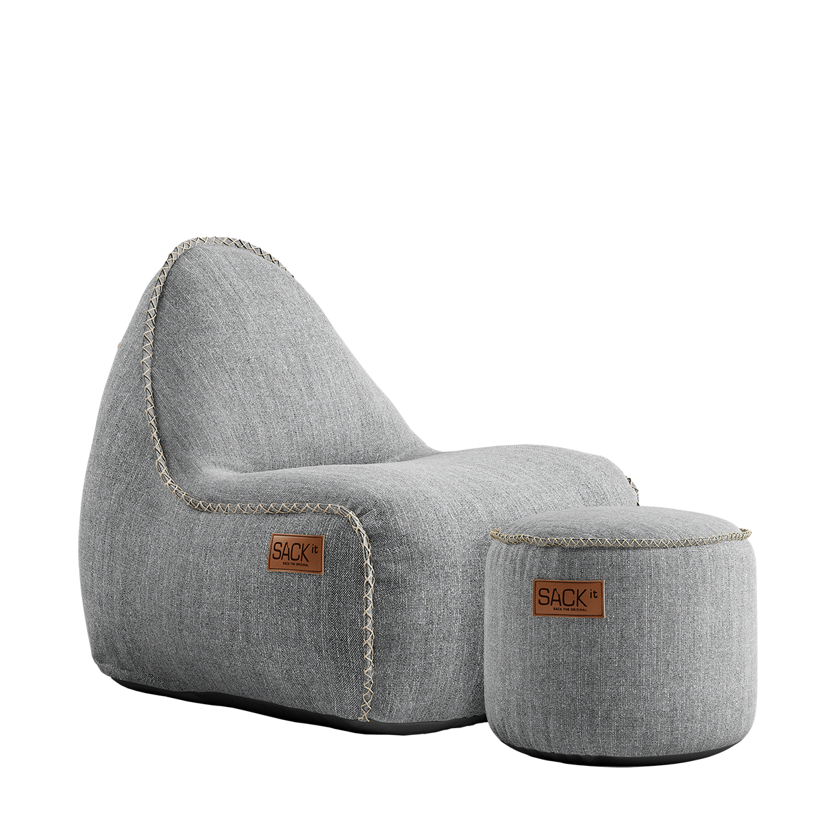 Grijze Cobana kinder loungestoel met bijpassende poef van sackit voor binnen en buiten met waterafstotende bekleding en decoratieve stiknaden