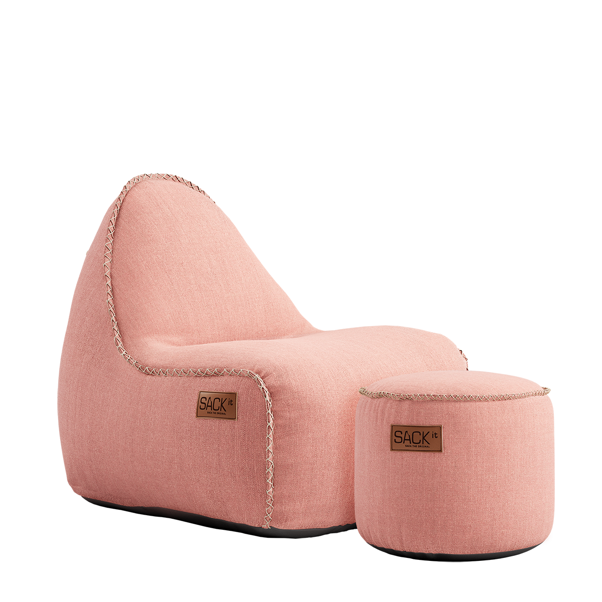 Roze junior lounge stoel met bijpassende poef van sackit voor kinderen binnen en buiten. Comfortabel ontwerp met waterafstotende bekleding en duurzame afwerking.