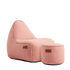 Roze junior lounge stoel met bijpassende poef van sackit voor kinderen binnen en buiten. Comfortabel ontwerp met waterafstotende bekleding en duurzame afwerking.