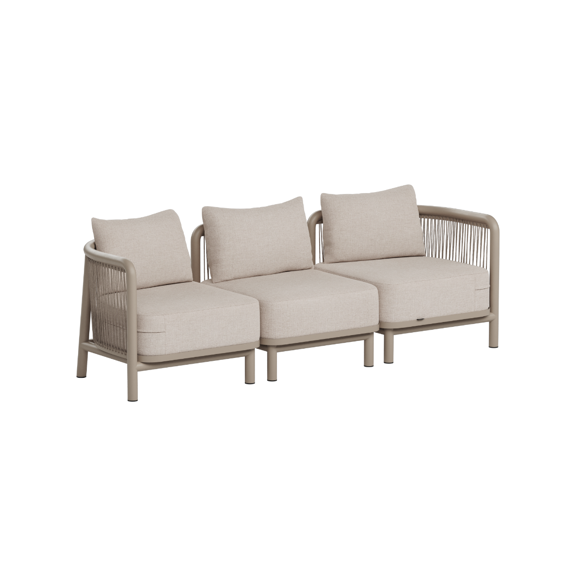 Beige modulaire loungebank voor buiten met drie ruime zitplaatsen zachte kussens en een architectonisch frame van weerbestendige materialen voor de tuin
