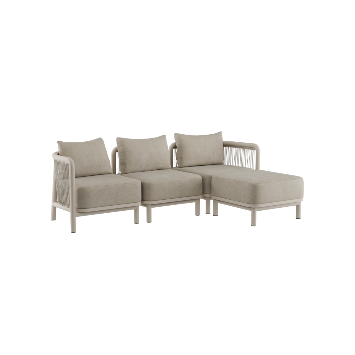 Modulaire Kirra loungesofa voor buiten met drie zitplaatsen en chaise longue in beige textiel met gevlochten armleuningen van sackit ontworpen in Denemarken