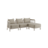 Modulaire Kirra loungesofa voor buiten met drie zitplaatsen en chaise longue in beige textiel met gevlochten armleuningen van sackit ontworpen in Denemarken