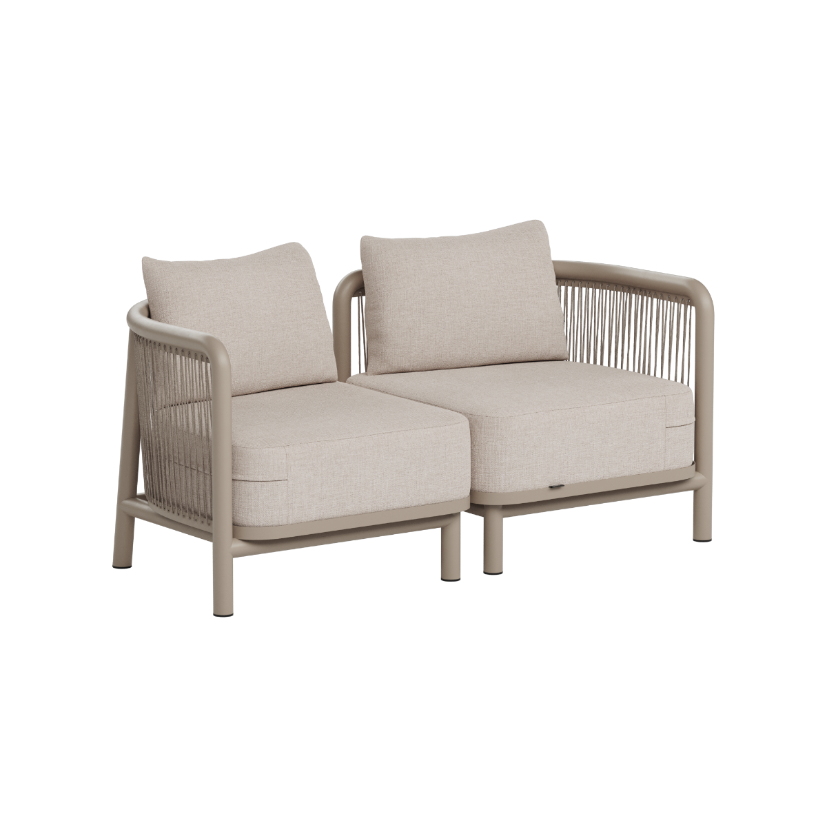 Beige Kirra loungesofa voor twee personen van sackit met gevlochten zijkanten zachte kussens en een architectonisch ontwerp voor buitengebruik