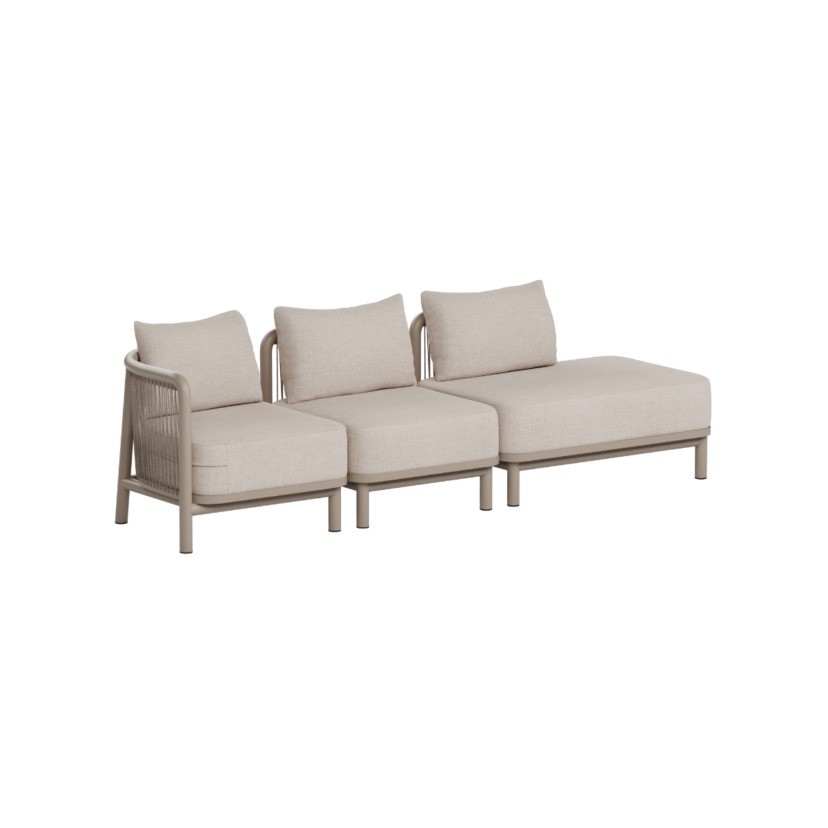 Beige modulaire loungesofa voor drie personen met open uiteinde en zachte kussens van sackit voor stijlvolle buitenruimtes in Scandinavisch design