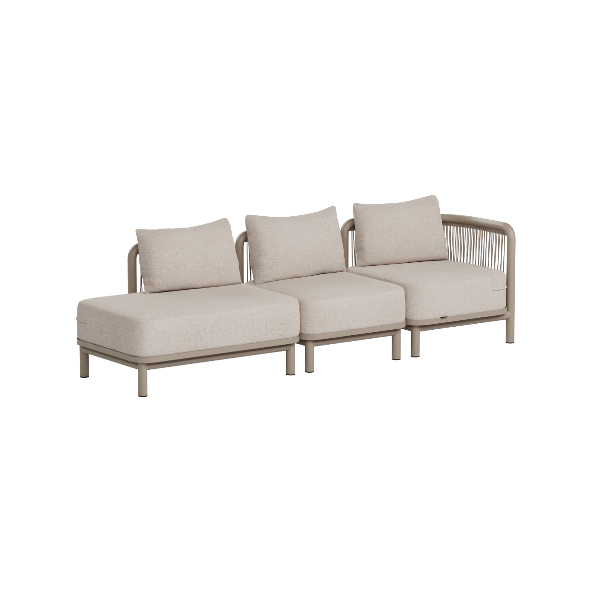 Beige modulaire loungesofa voor buiten met drie zitplaatsen en open einde van sackit ontworpen in Denemarken met weerbestendige bekleding en architectonisch ontwerp