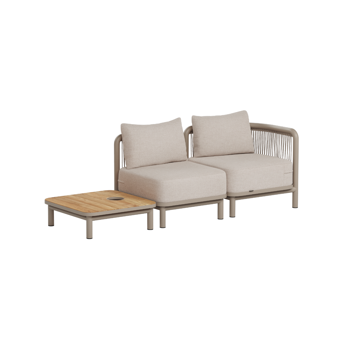 Modulaire Kirra loungesofa voor twee personen met beige kussens en bijpassende teakhouten tafel voor buiten van sackit geschikt voor moderne en klassieke terrassen