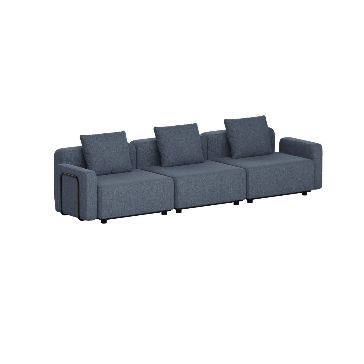 Donkergrijze modulaire driezits loungebank voor buiten met strakke Scandinavische lijnen en drie zachte rugkussens van sackit