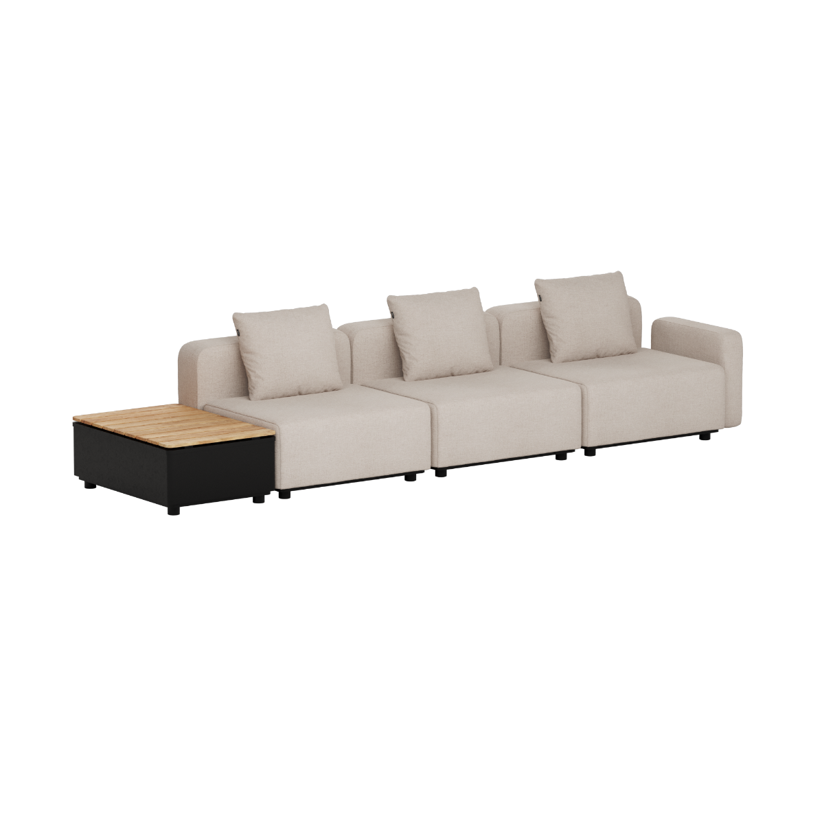 Lichtbeige modulaire loungesofa voor buiten van sackit met drie zitdelen zachte kussens en een geïntegreerde teakhouten opbergtafel