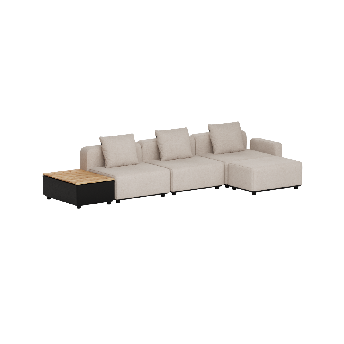Modulaire Cobana loungesofa voor buiten van sackit met drie zitplaatsen en geïntegreerde teakhouten patio tafel in Scandinavisch design