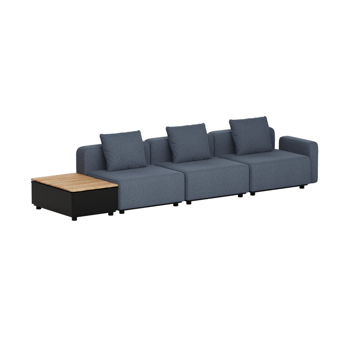Donkergrijze modulaire loungesofa van sackit met drie zitplaatsen en houten bijzettafel voor een stijlvolle Scandinavische buitenruimte
