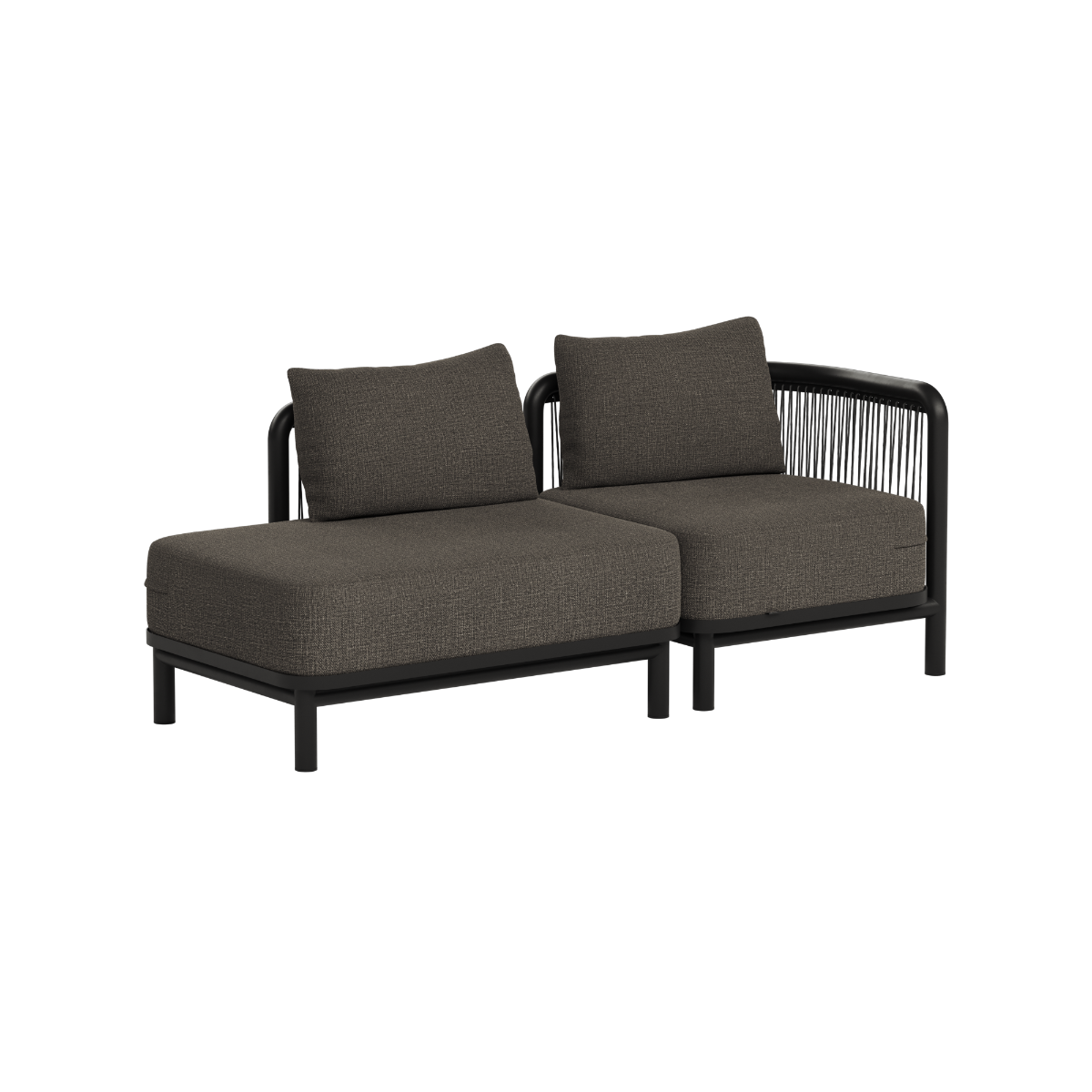 Modulaire Kirra loungesofa voor twee personen met open uiteinde in donkergrijze bekleding en zwart frame voor stijlvol buiten loungen van sackit ontwerpen uit Denemarken