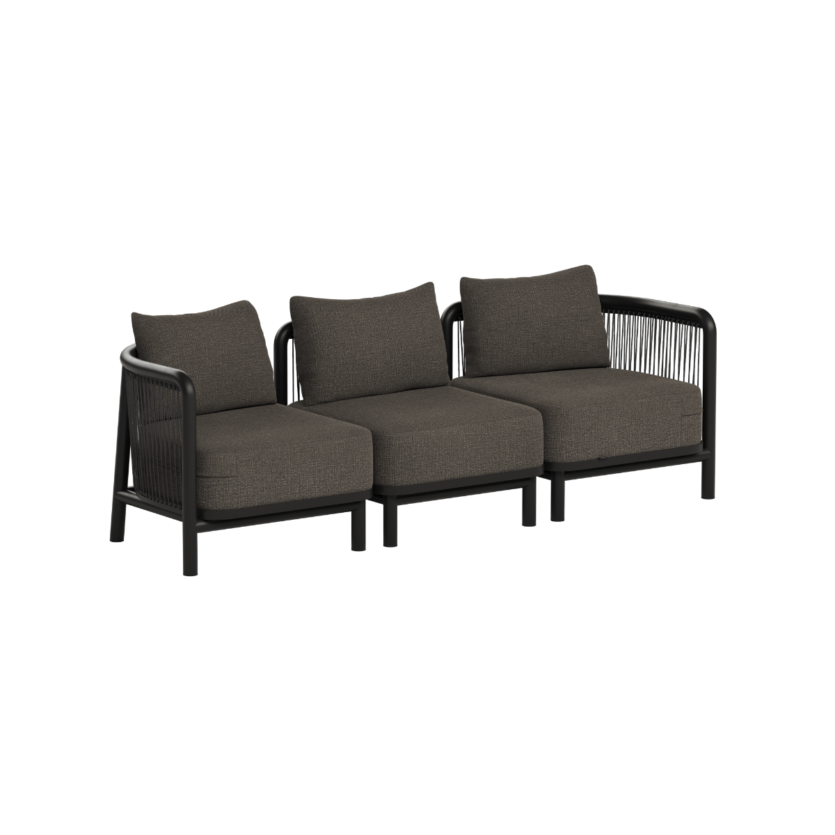 Donkergrijze modulaire loungebank voor buiten met drie zitplaatsen en zachte kussens van sackit ontworpen in Denemarken voor moderne en klassieke tuinen