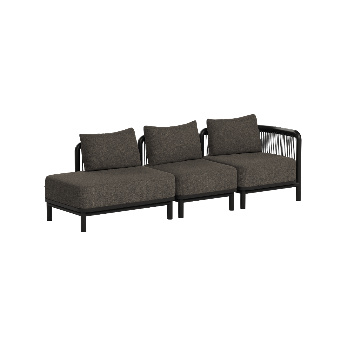 Modulaire driedelige loungesofa voor buiten met open uiteinde in donkergrijs textiel van sackit ontworpen in Denemarken voor modern buitenleven