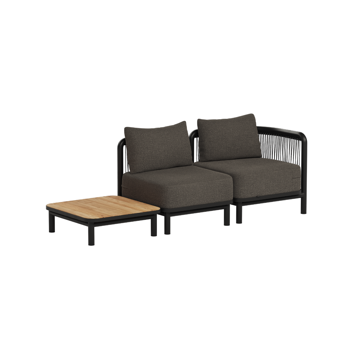 Modulaire donkere loungesofa voor buiten met twee zitplaatsen en houten bijzettafel. Ontworpen in Denemarken voor stijlvol comfort in de tuin door sackit Nederland