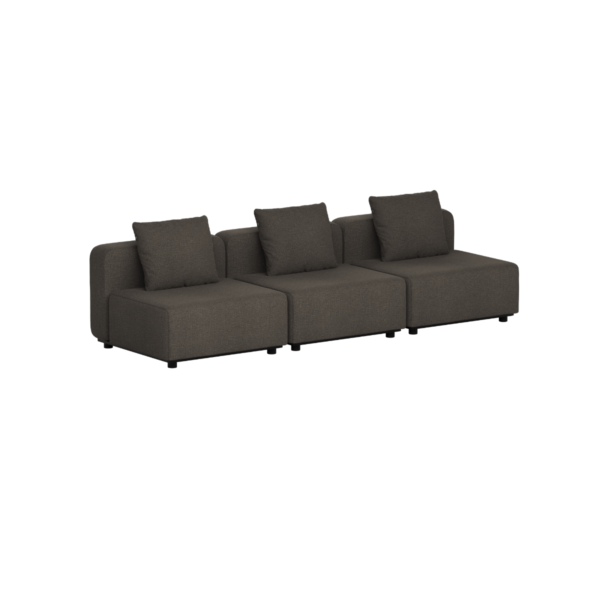 Donkergrijze modulaire buitenbank met drie zitplaatsen en losse rugkussens van sackit voor een comfortabele Scandinavische lounge in de tuin