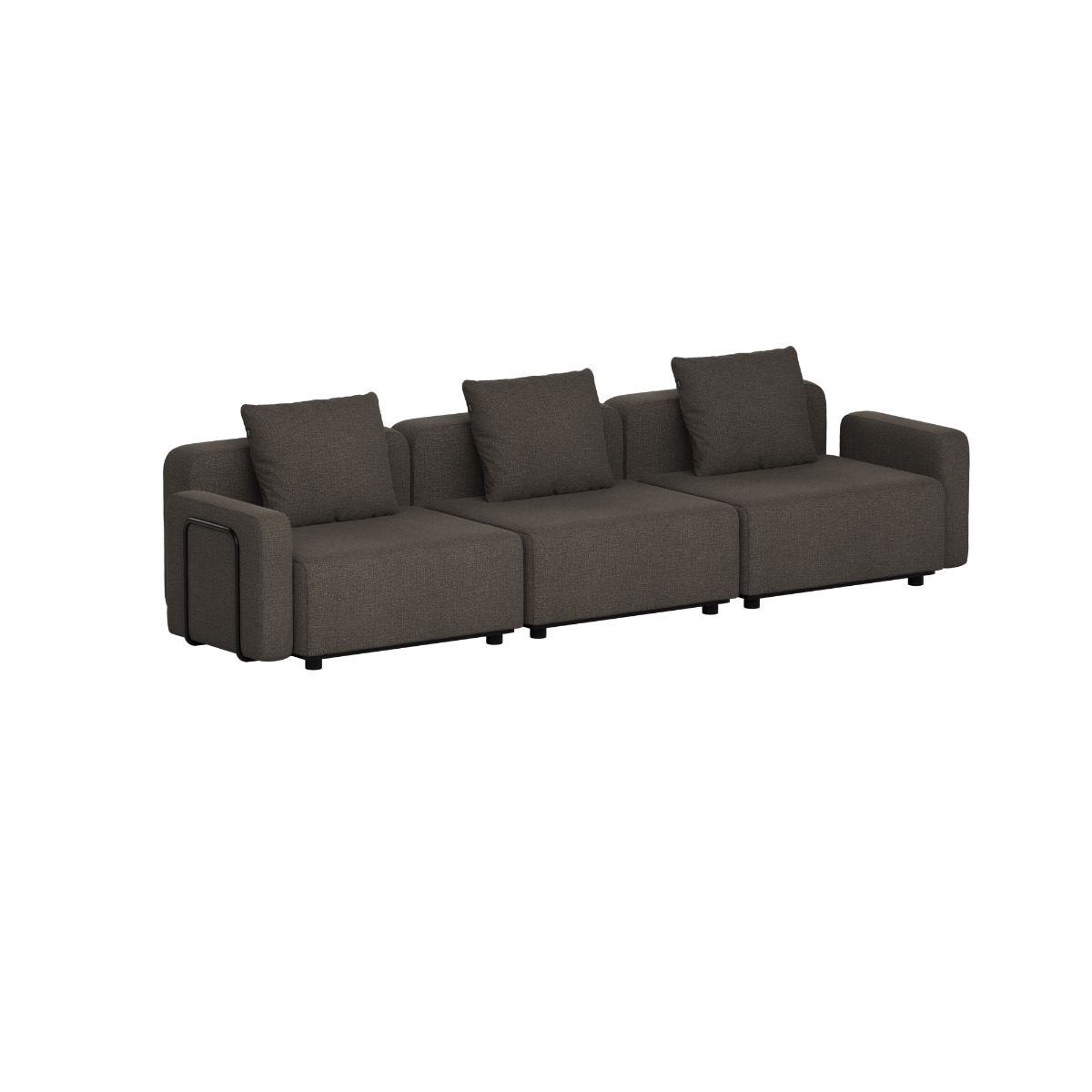 Donkergrijze modulaire loungesofa voor drie personen van sackit met drie rugkussens en brede armleuningen voor comfortabel buiten loungen