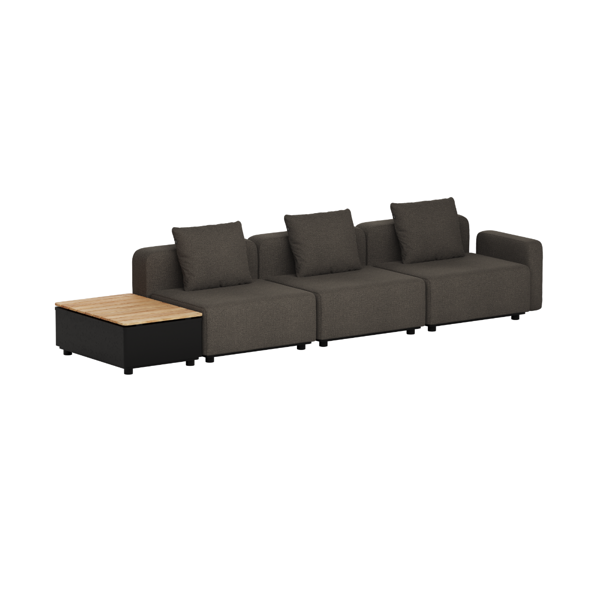 Donkergrijze modulaire outdoor loungesofa van sackit met drie zitplaatsen en een teakhouten bijzettafel voor tuin en terras in Scandinavische stijl