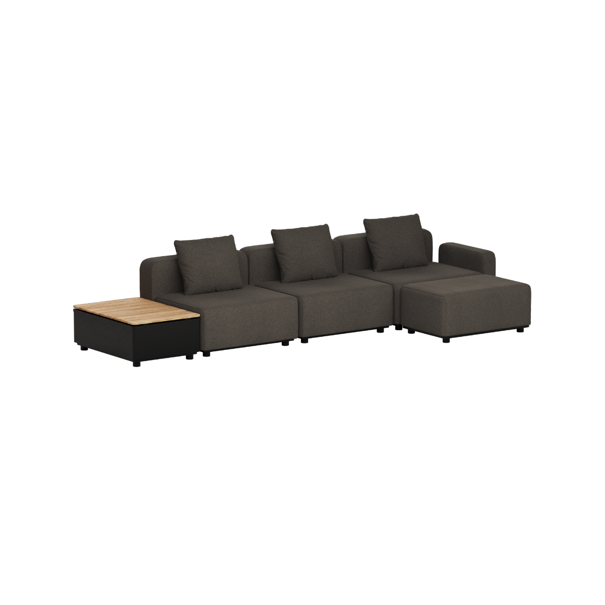 Modulaire donkergrijze outdoor loungebank van sackit met comfortabele rugkussens en een teakhouten patio tafel voor een stijlvolle tuin zithoek