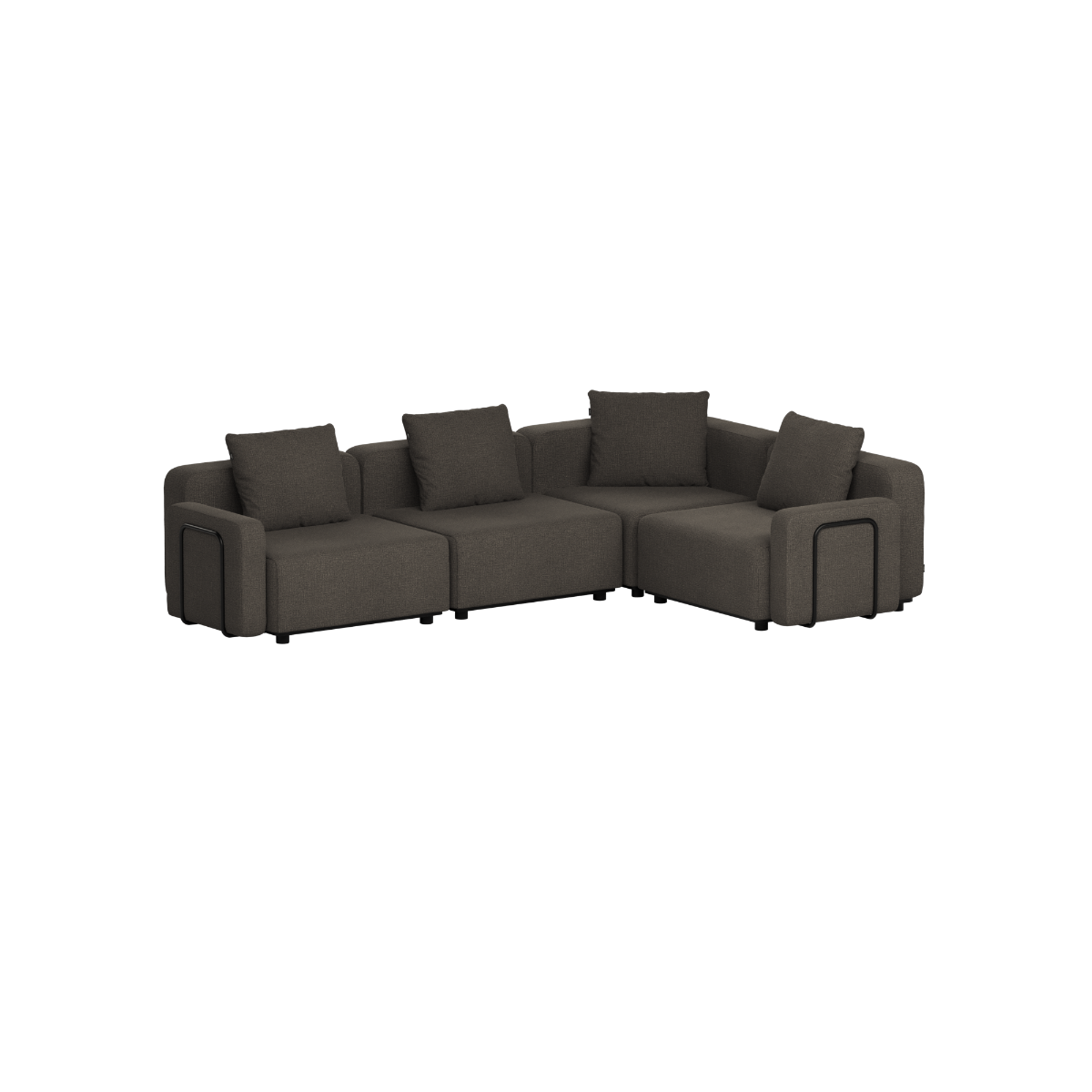 Donkergrijze modulaire loungebank voor buiten met hoekopstelling en zachte rugkussens van sackit voor een stijlvolle Scandinavische tuin of terras