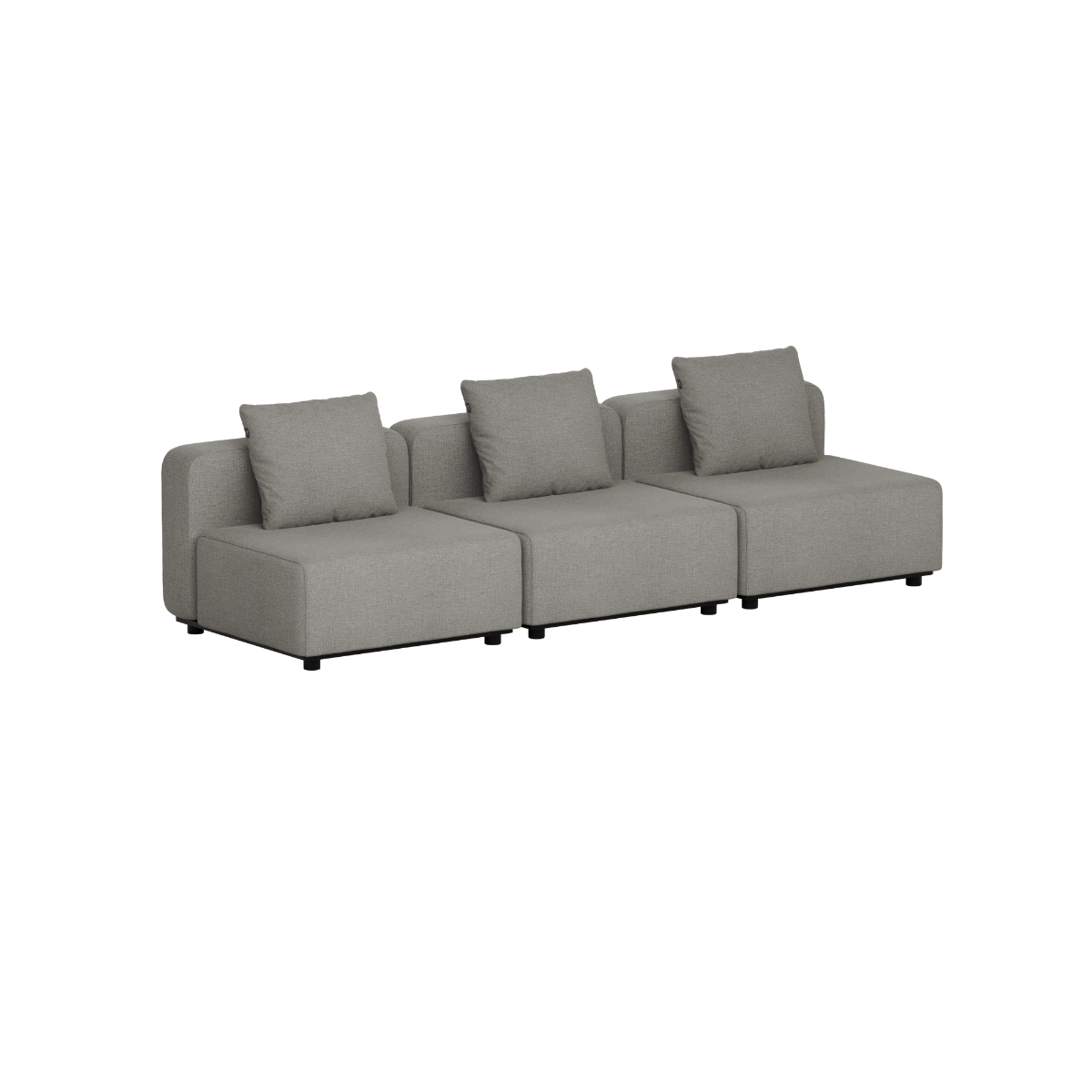 Grijze modulaire loungebank voor buiten met drie zitplaatsen en losse rugkussens van sackit ontworpen in Denemarken voor Scandinavische buitenruimtes