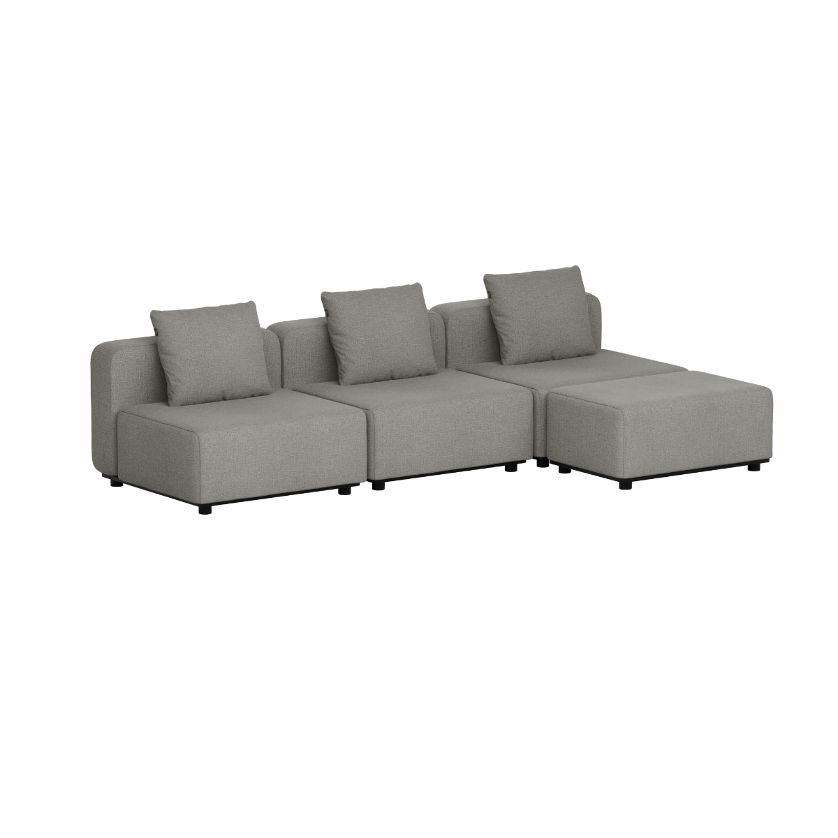 Modulaire grijze loungesofa voor buiten met drie zitplaatsen en zachte rugkussens in strakke Scandinavische stijl van sackit