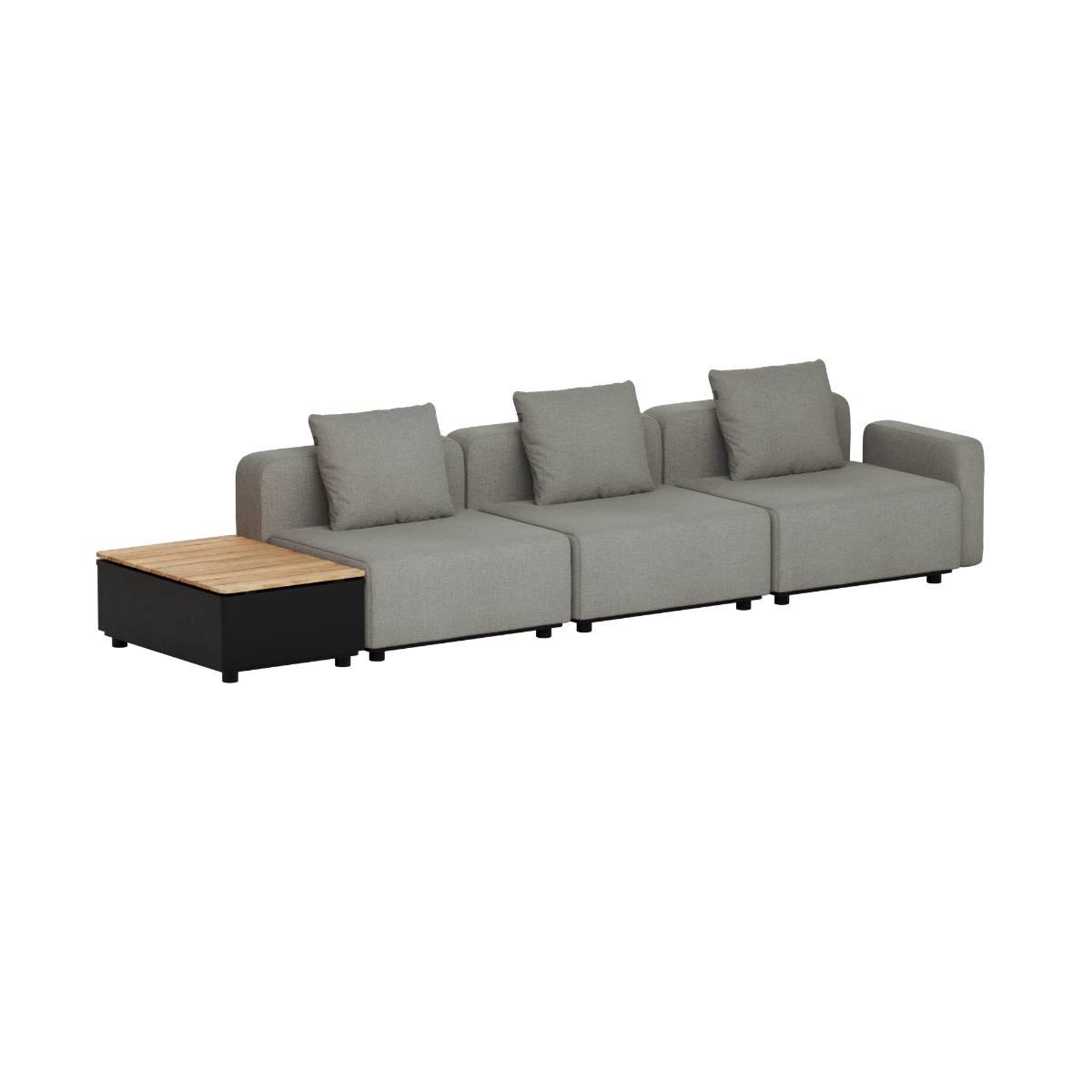 Modulaire grijze loungesofa voor buiten met drie zitplaatsen en een geïntegreerde opbergbaar tafeltje van teakhout van sackit