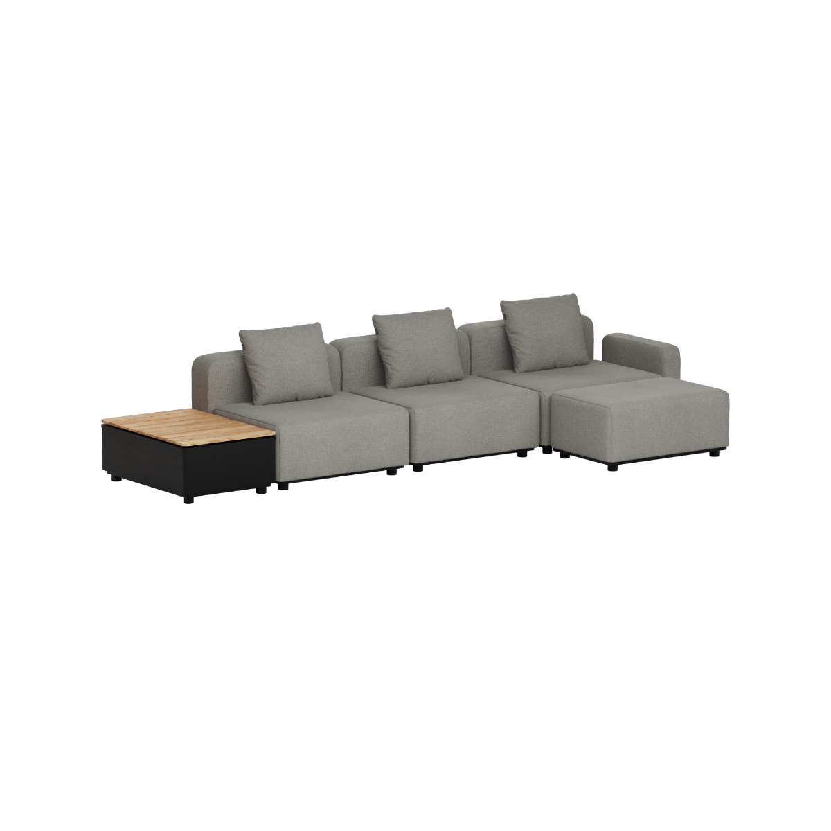 Modulaire grijze loungesofa van sackit met drie zitplaatsen losse rugkussens en een houten patio opbergtafel voor buiten