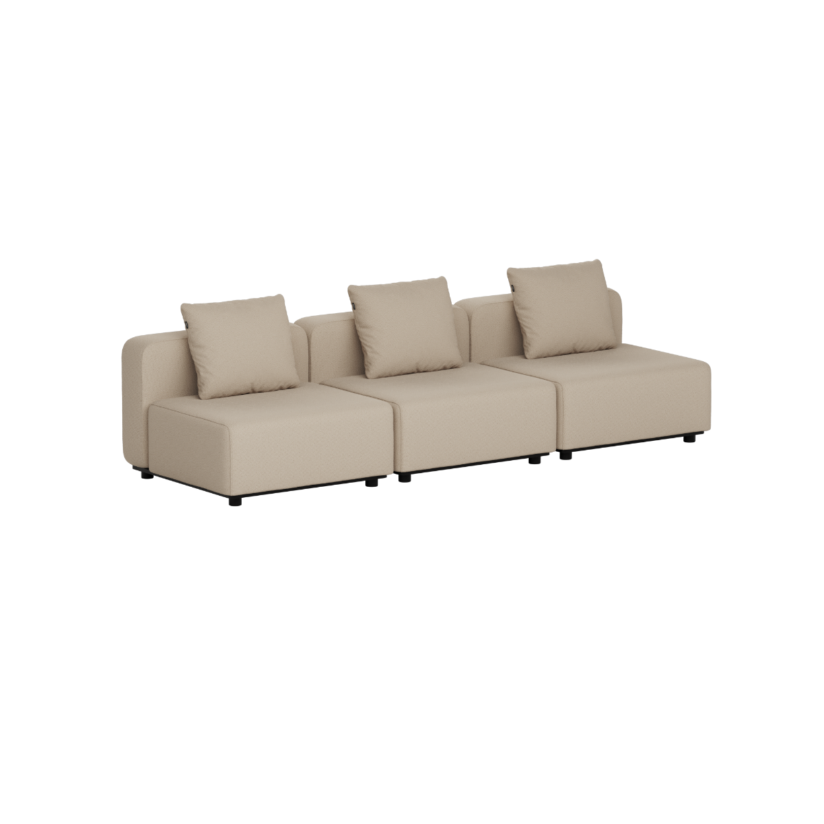 Beige modulaire loungebank voor buiten met drie zitplaatsen en zachte kussens van sackit Scandinavisch ontwerp voor stijlvolle tuinen