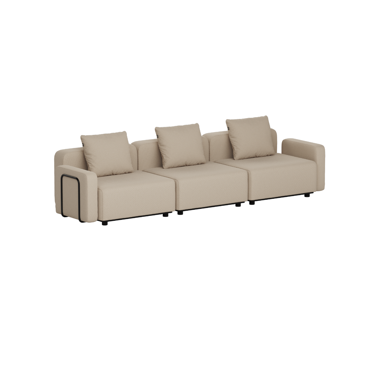 Beige modulaire loungebank voor buiten met drie zitplaatsen en drie rugkussens van sackit voor stijlvolle Scandinavische lounges in de tuin