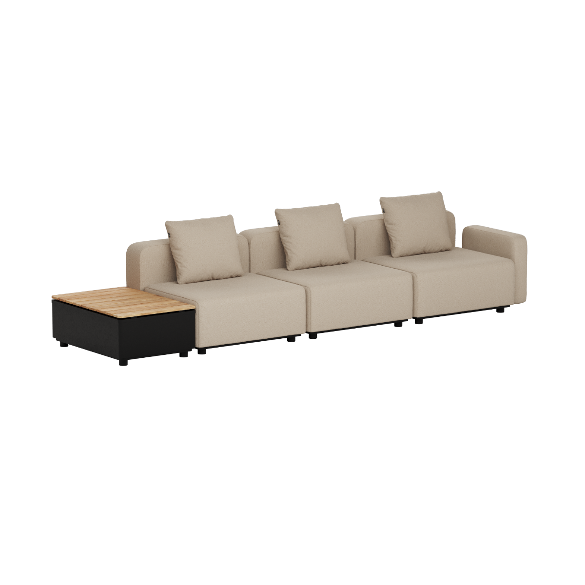 Beige modulaire loungesofa voor buiten met drie zitplaatsen en geïntegreerde tafel van teakhout van sackit voor een stijlvolle Scandinavische tuinset