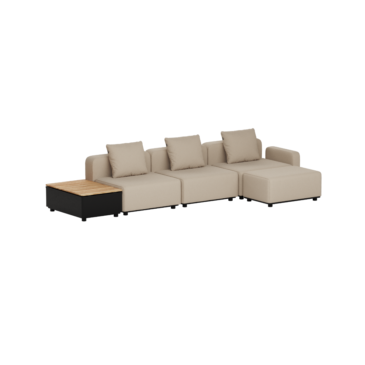 Beige modulaire loungesofa voor buiten van sackit met drie zitplaatsen en teakhouten bijzettafel voor een stijlvolle Scandinavische tuin