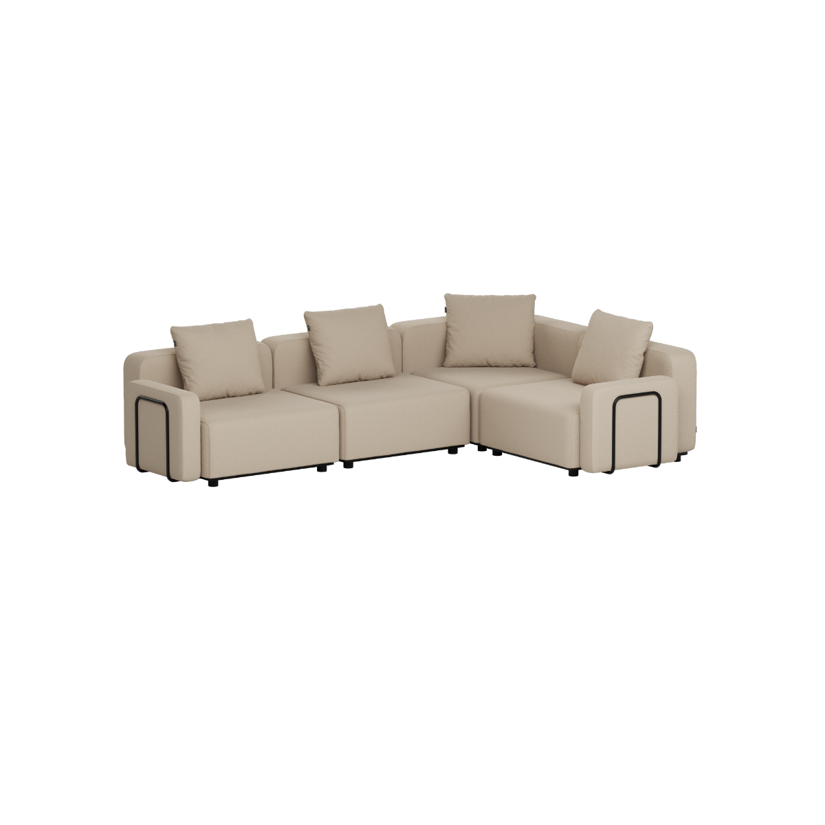 Beige modulaire hoekbank voor buiten met vier zitplaatsen en losse rugkussens van sackit voor een stijlvolle Scandinavische tuin