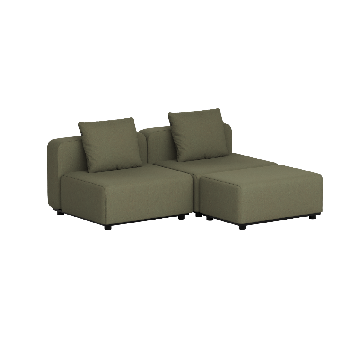 Olijfgroene modulaire loungesofa voor buiten met twee zitdelen en zachte rugkussens in Scandinavisch design van sackit