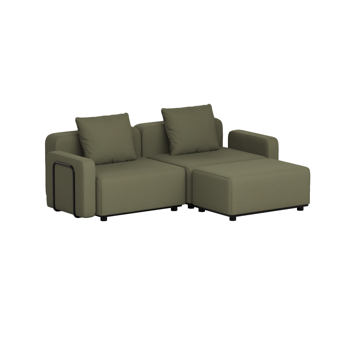 Olijfgroene modulaire loungesofa voor buiten met twee rugkussens en brede chaise longue in Scandinavisch design voor tuin en terras