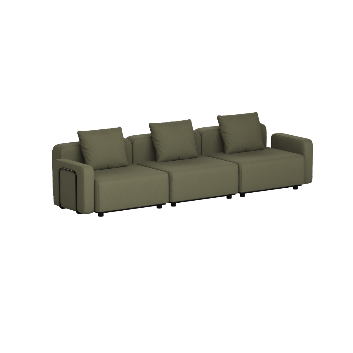 Olijfgroene modulaire loungesofa voor buiten met drie zitplaatsen en drie kussens van sackit ontworpen in Denemarken voor Scandinavisch weer