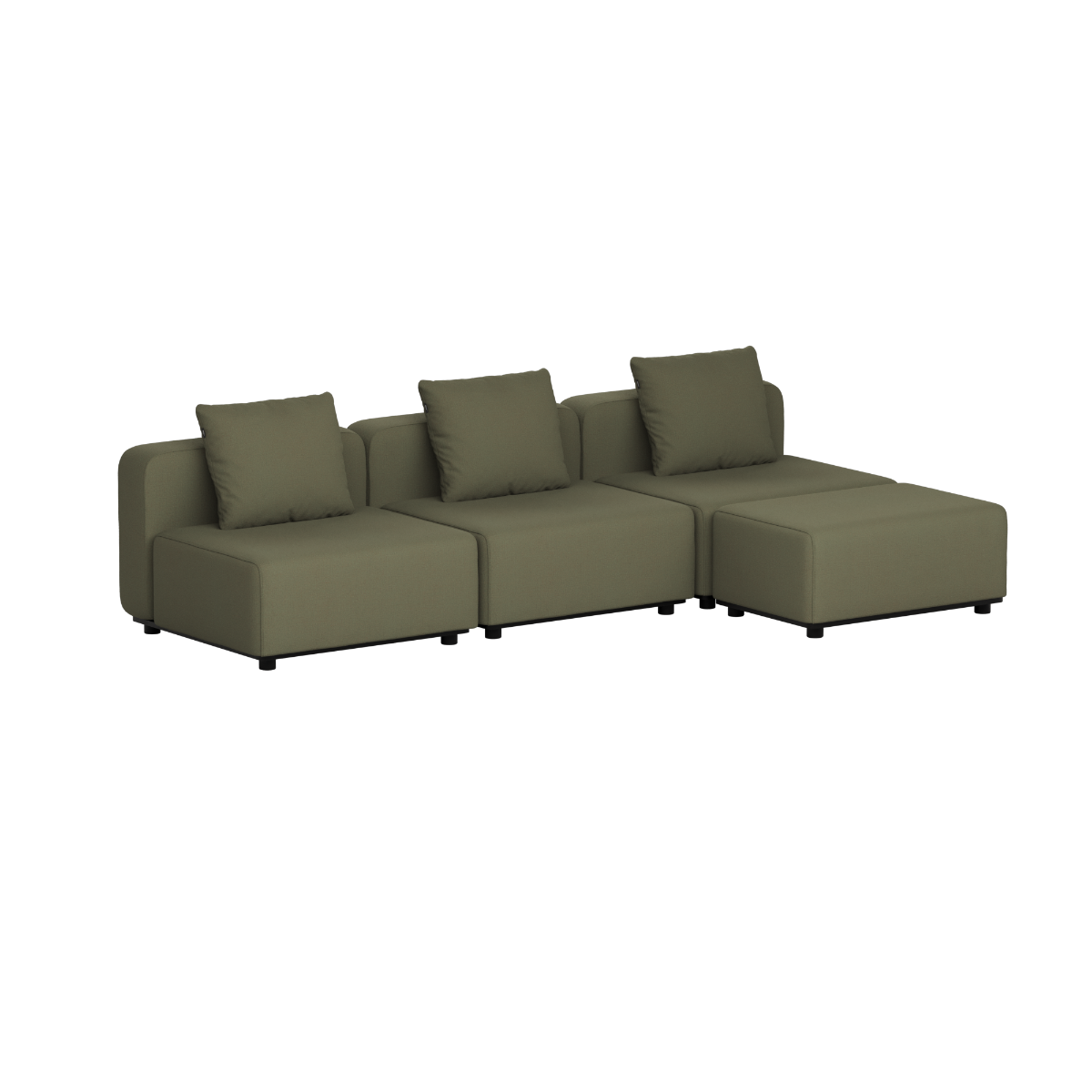 Olijfgroene modulaire loungesofa voor buiten met drie zitplaatsen en losse rugkussens van sackit voor een stijlvolle Scandinavische tuin