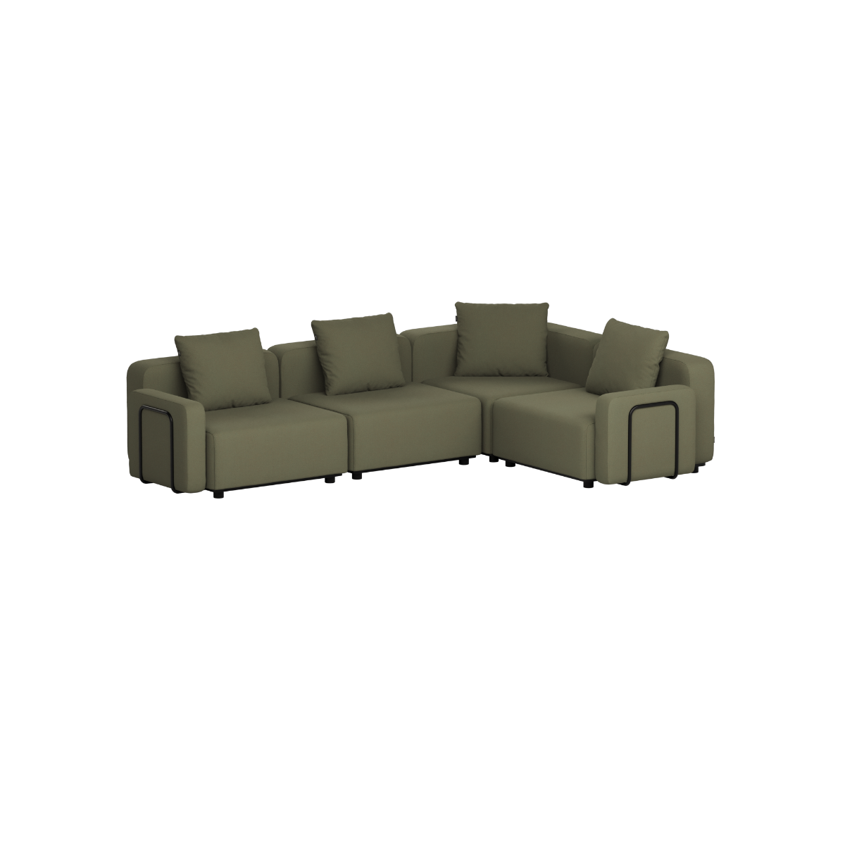 Modulaire olijfgroene loungesofa voor buiten met vier zitplaatsen strakke Scandinavische lijnen en zachte kussens van sackit ontworpen in Denemarken
