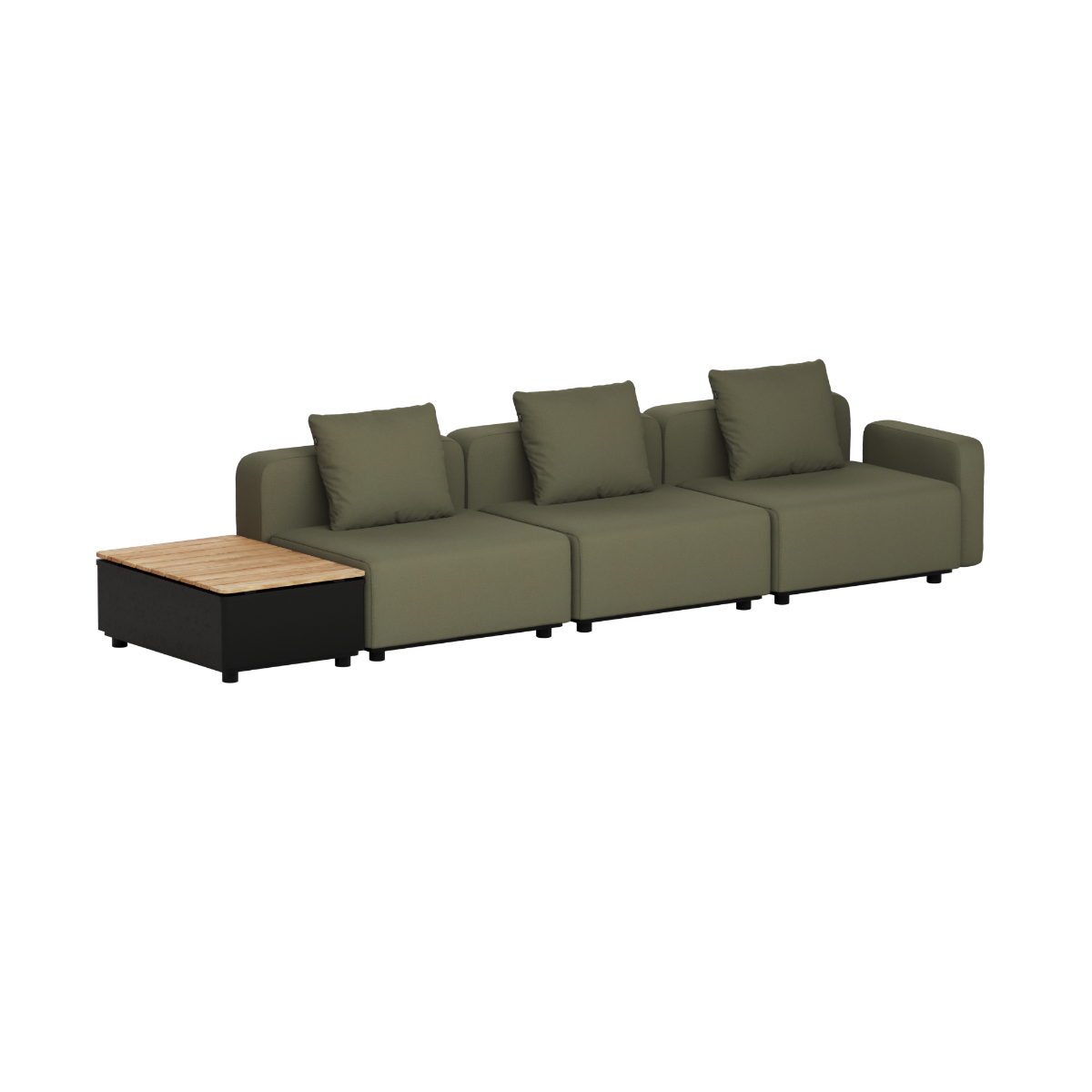 Olijfgroene modulaire loungesofa voor drie personen met losse rugkussens en een aangrenzende opbergbijzettafel met teakhouten blad van sackit
