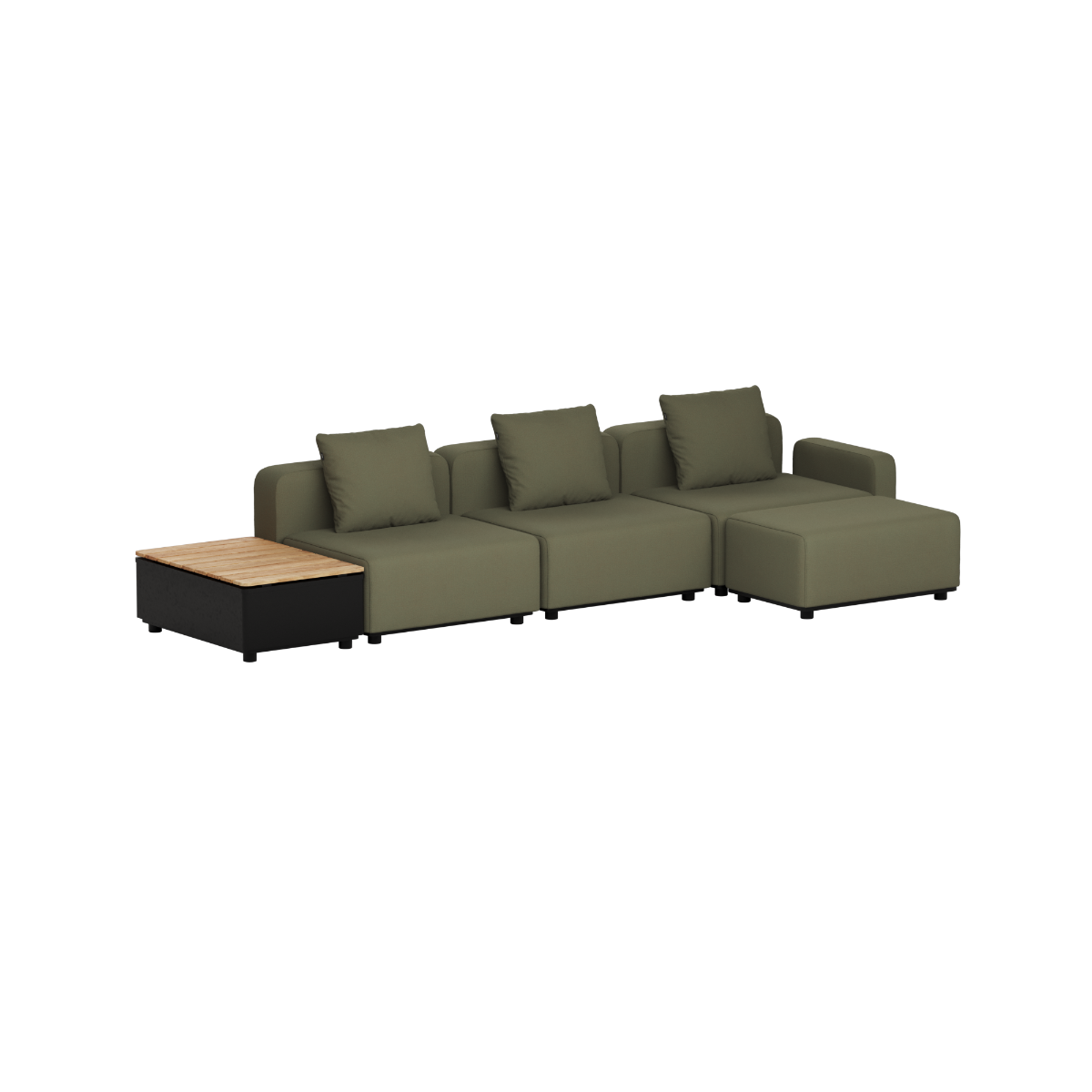 Modulaire olijfgroene outdoor loungebank voor drie personen met zachte kussens en een houten opbergingstafel van sackit